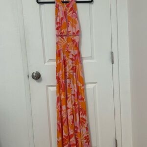 Vibrant Pink and Orange Halter Maxi Dress